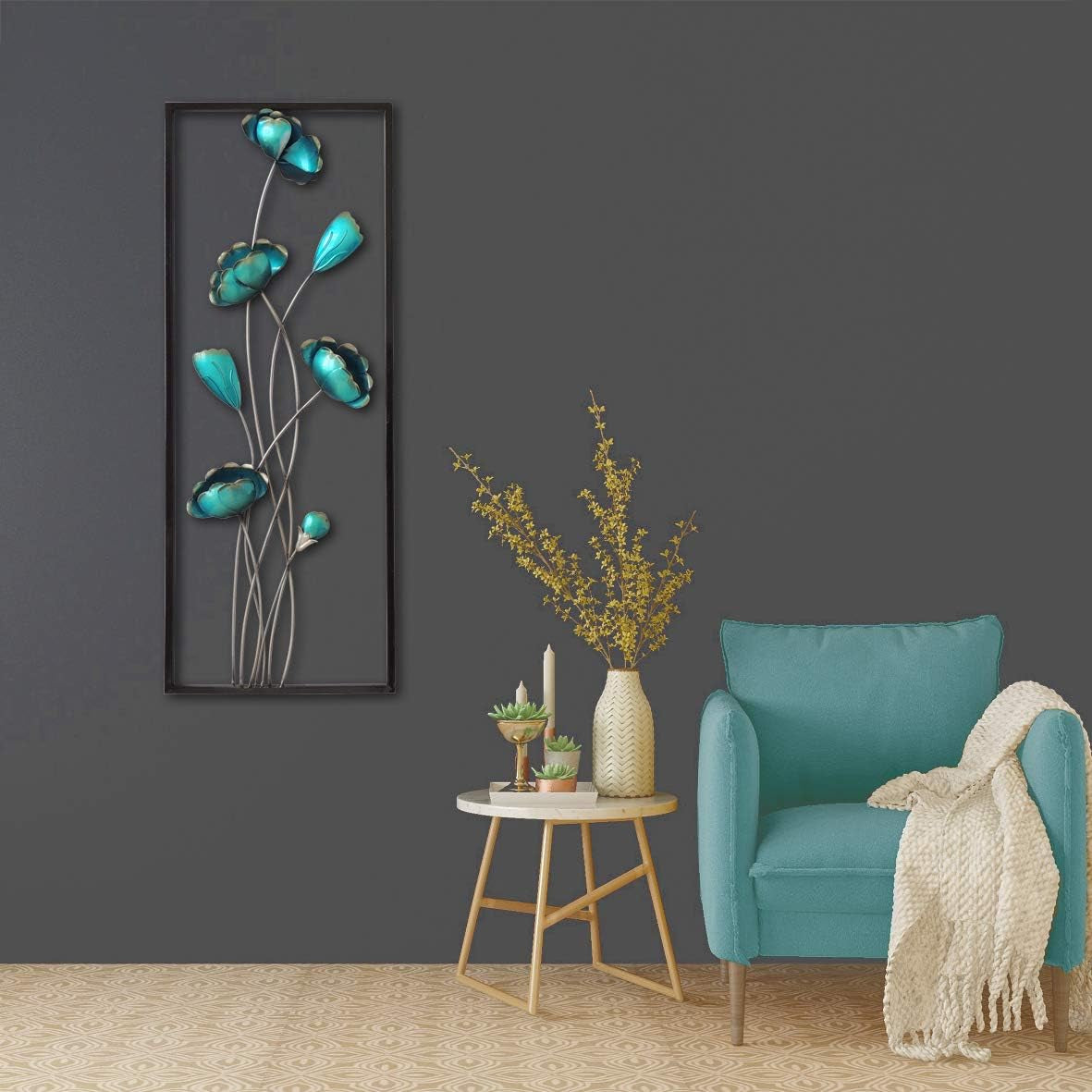 New Modern Chic Aluminum/Metal Wall Decor Frame 12"X30" (Turquoise Closed Flowers)