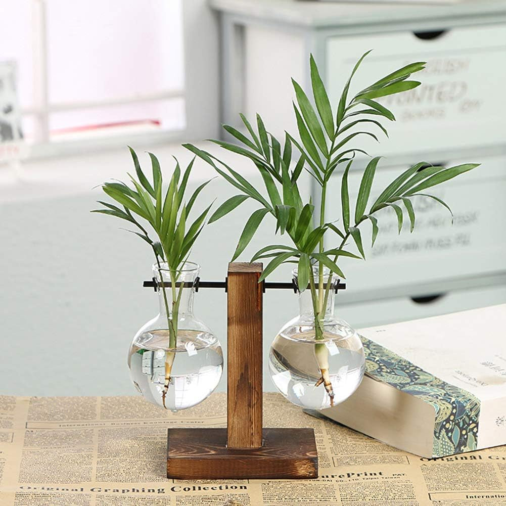 Stand Glass Planter Bulb Vase, Hydroponic Plant Vases with Wooden Stand, Terrarium Boiling Flask-Style Flower Vases Office Desk Wedding Decor