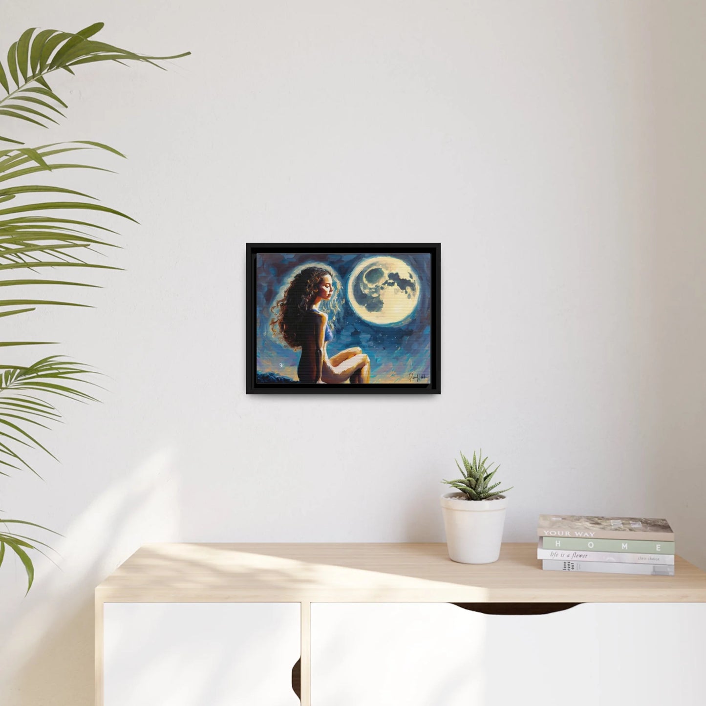 Canvas Wall Art - a Woman on a Rock with a Full Moon by Queennoble