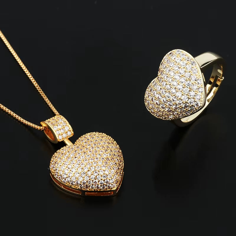 Original Shinning Cubic Zirconia Heart Shape Creative Pendant Necklace Earring Jewelry Set for Women