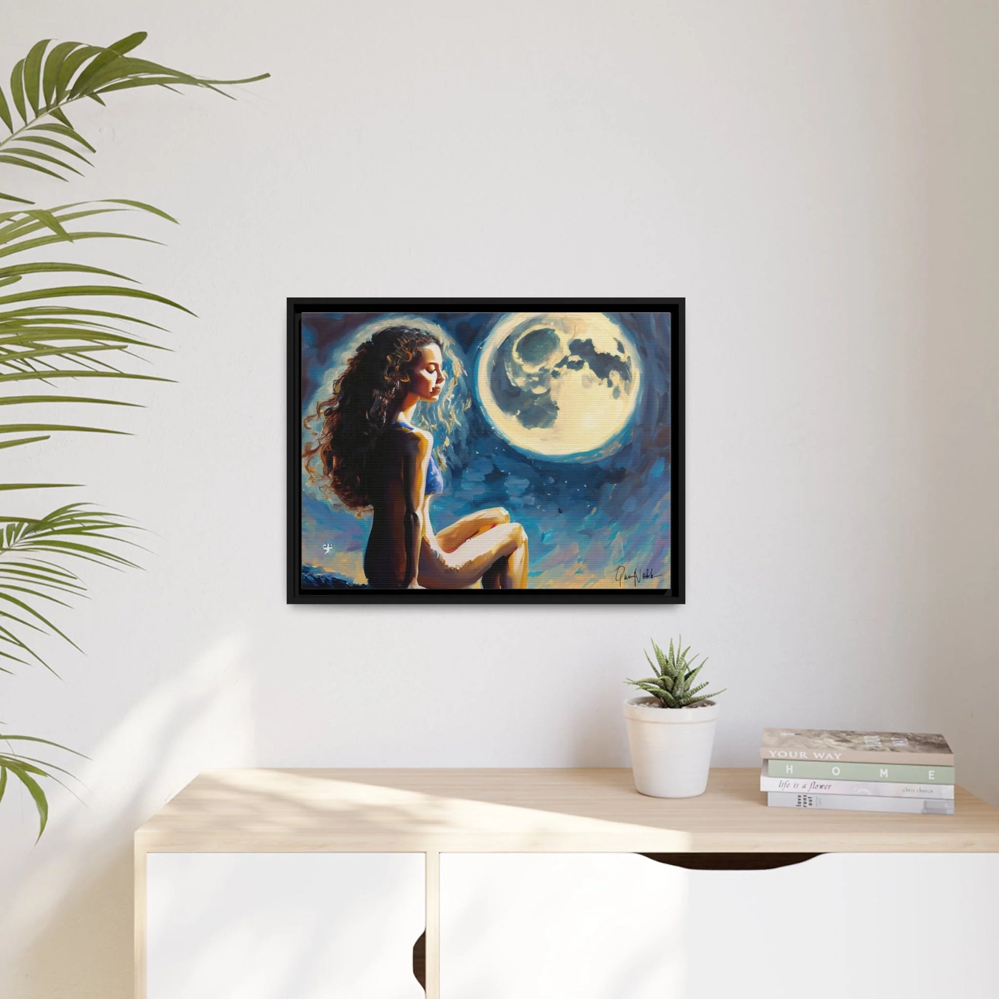 Canvas Wall Art - a Woman on a Rock with a Full Moon by Queennoble