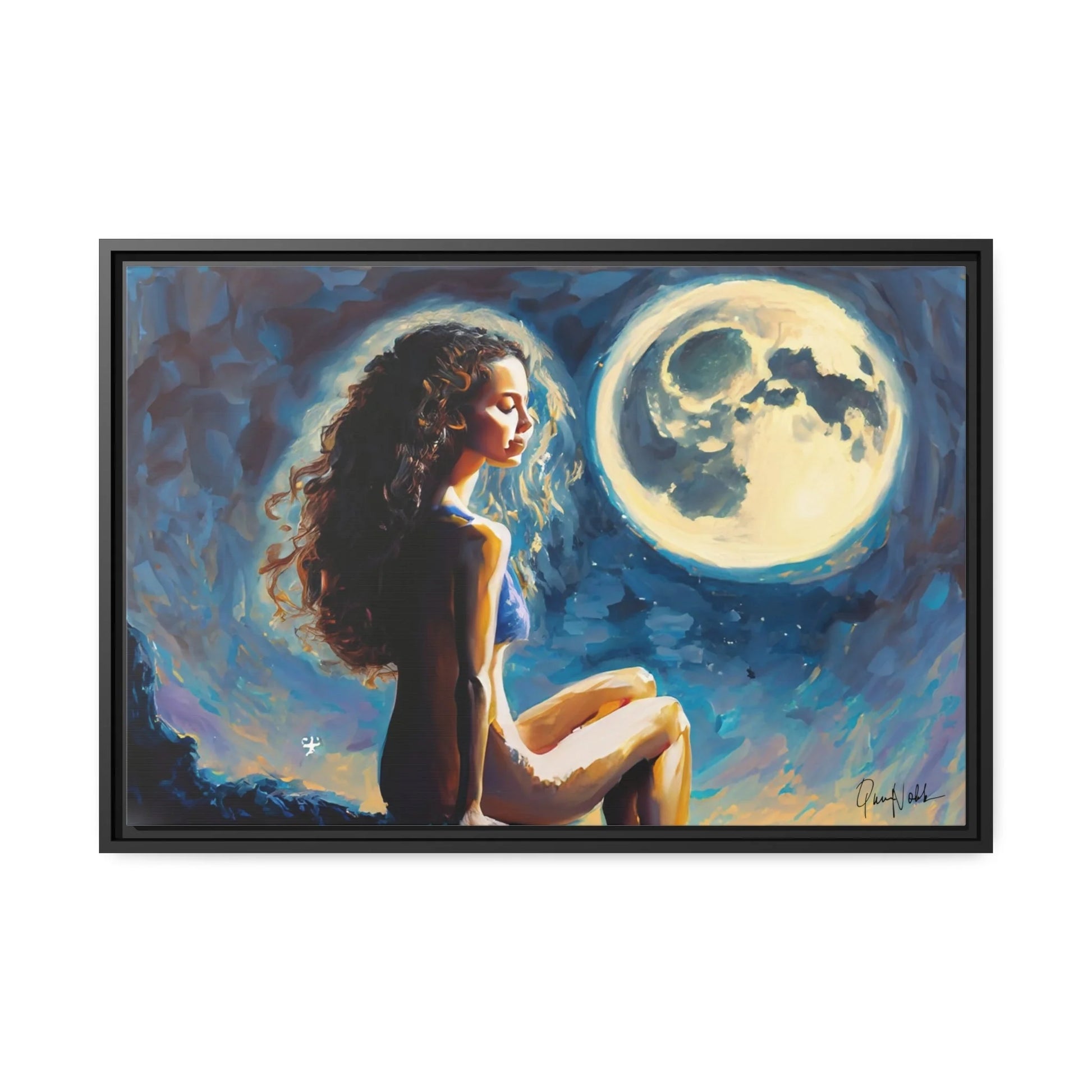 Canvas Wall Art - a Woman on a Rock with a Full Moon by Queennoble