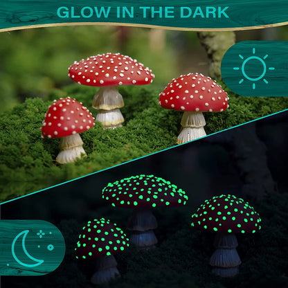 3PCS Fairy Garden Miniatures Mini Mushroom Garden Decoration Resin Mushroom Glow in the Dark Craft Landscape Mushroom Statue